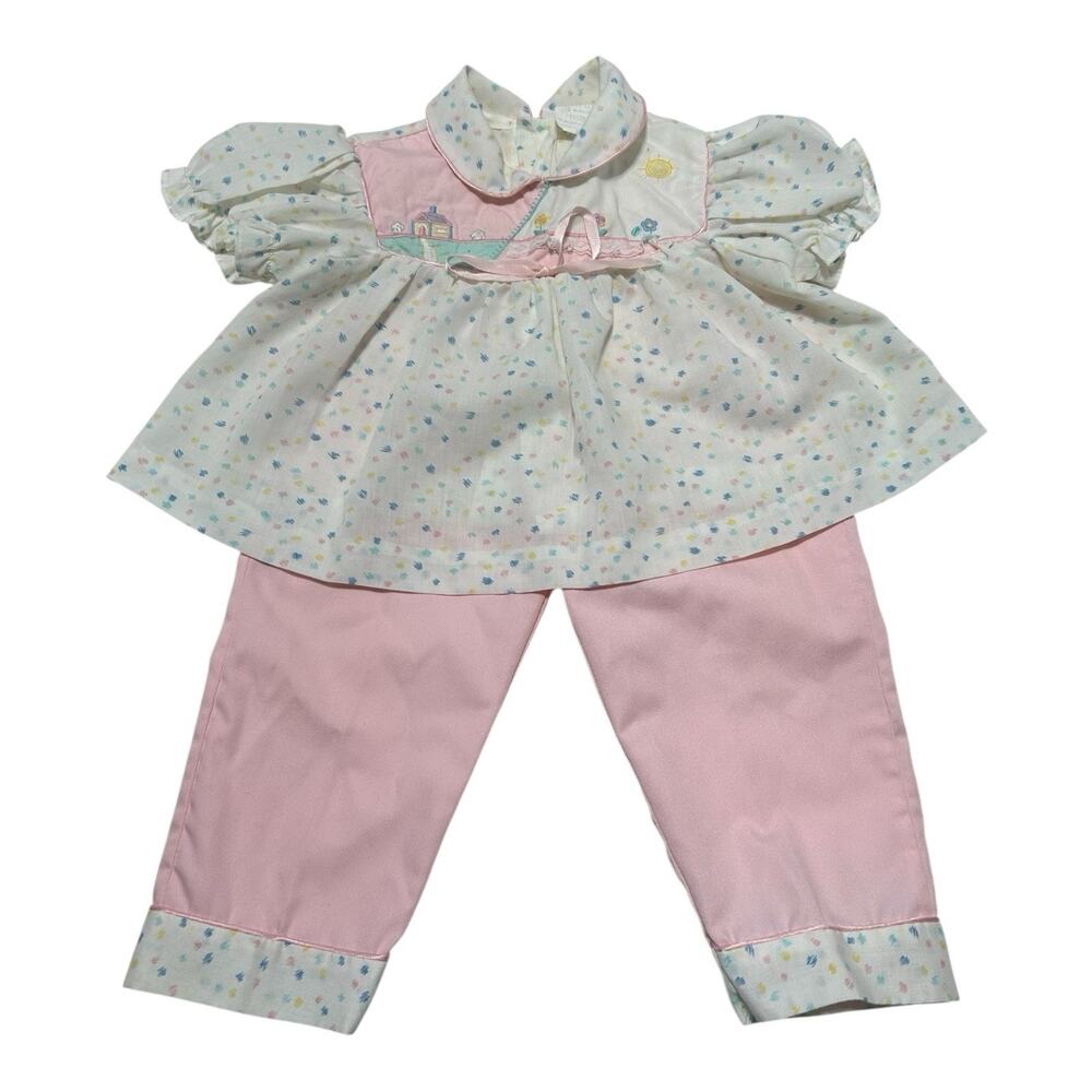 Vintage 2-piece Baby Outfit Top Pants 18 Months Girl Pink Appliqué House Flowers